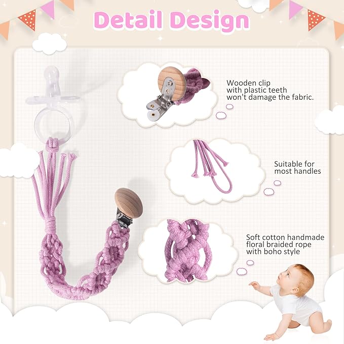 Boho Pacifier Clip for Boys Girls Pacifier Holder Leash Wooden Clips Handmade Braided Cotton Unisex Baby Shower Birthday Gift Christmas Gift