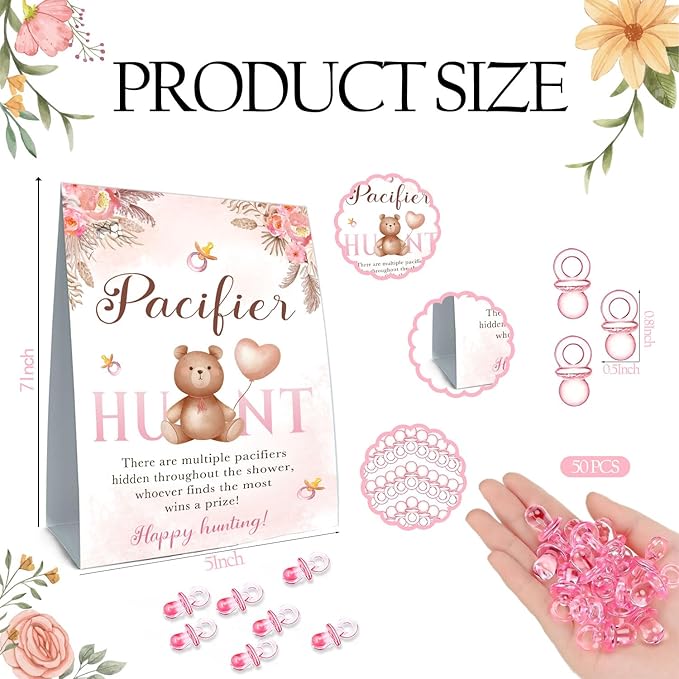 Winnie Pacifiers Hunt for Baby Shower Game, Mini Pacifiers Baby Shower Games Set, Include Winnie Theme Baby Pacifier Hunt Sign and 50 Pink Mini Pacifiers