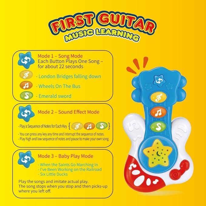 WEofferwhatYOUwant Baby Musical Guitar – First Instrument for Babies 6+ Months with Lights, Sound Effects, 3 Play Modes, BPA-Free, Batteries Included, Travel Ready, Ideal Gift for Toddlers