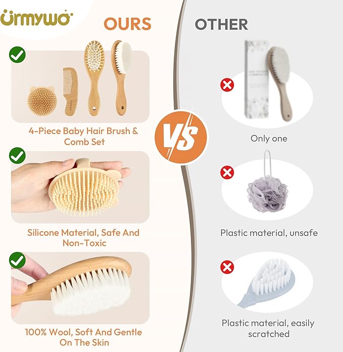Baby Brush and Comb Set - 4 Piece Wooden Soft Bristle Hairbrush for Newborns, Baby Brush for Cradle Cap - Essentials Care Kit - Baby Shower Gift for Boys & Girls