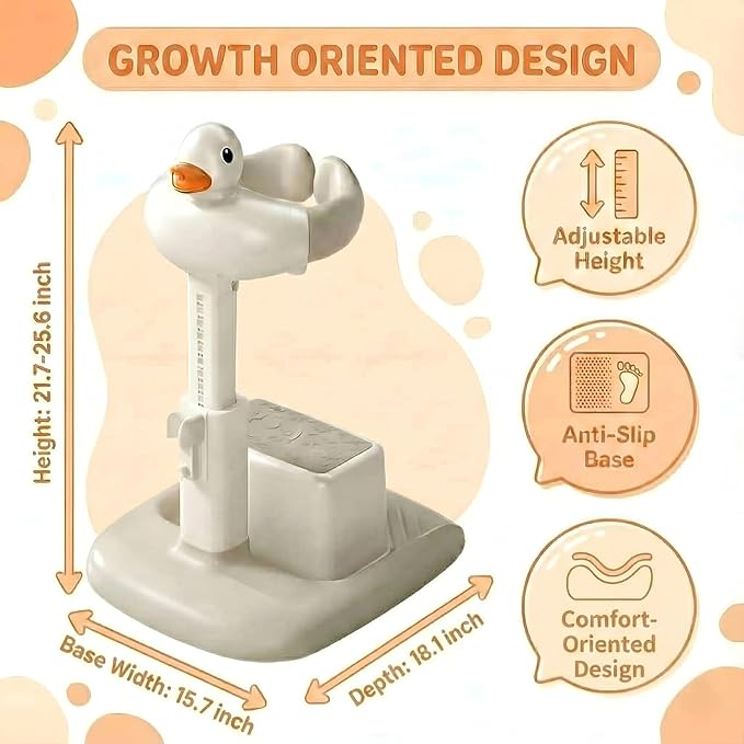 Baby Bath Stand with Built-in Seat - Duck Design - Anti-Slip Base - Baby Shower Stand for Sitting or Standing (White Beige)