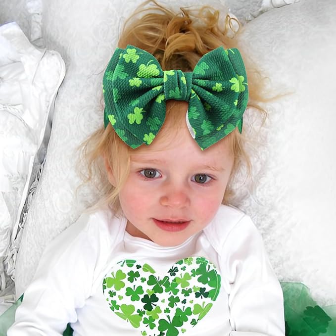 YanJie 7" St.Patrick's Day Large Bow for Baby Girl Headband Newborn Infant Kids Shamrock Double Layer Messy Bow Headwrap