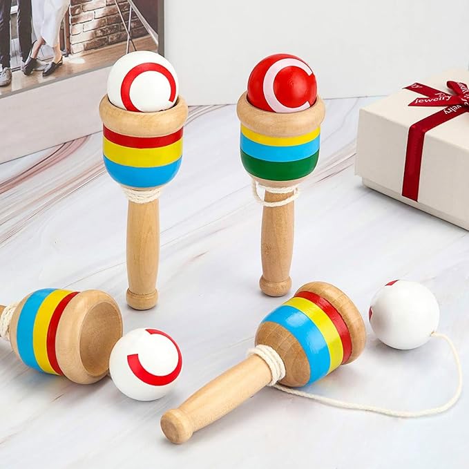 4 Pieces Wood Catch Ball, Cup and Ball Game, Cup Catch Ball Toys, Mini Wooden Catch Ball Hand Eye Coordination Educational Toys, White and Red