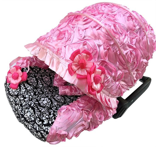 Rosy Kids Infant Carseat Canopy Cover 3pc Whole Caboodle, Baby Car Seat Cover Outdoor Kit, 3D Rosette Fabric, Baby Pink Damask Print