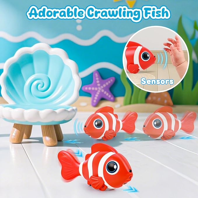 Crawling Fish Baby Toys, Novelty Tummy Time Toys for Babies 6-12 Months, Magic Swinging Fish Crawling Toys for Infant Toddler Learning Crawl Walking Dancing Easter Basket Stuffers 1st Birthday Gift
