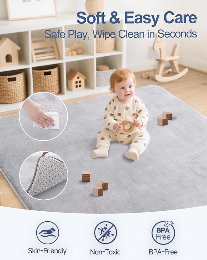 Thick Baby Play Mat for Floor,Padded Foam 47x47 Playpen Mat,Ultra Soft Support&Plush Feel Nursery Rug,Non Slip for Toddler, Infants,Kids Play,Yoga,Baby Crawling,Tummy Time(Light Grey)