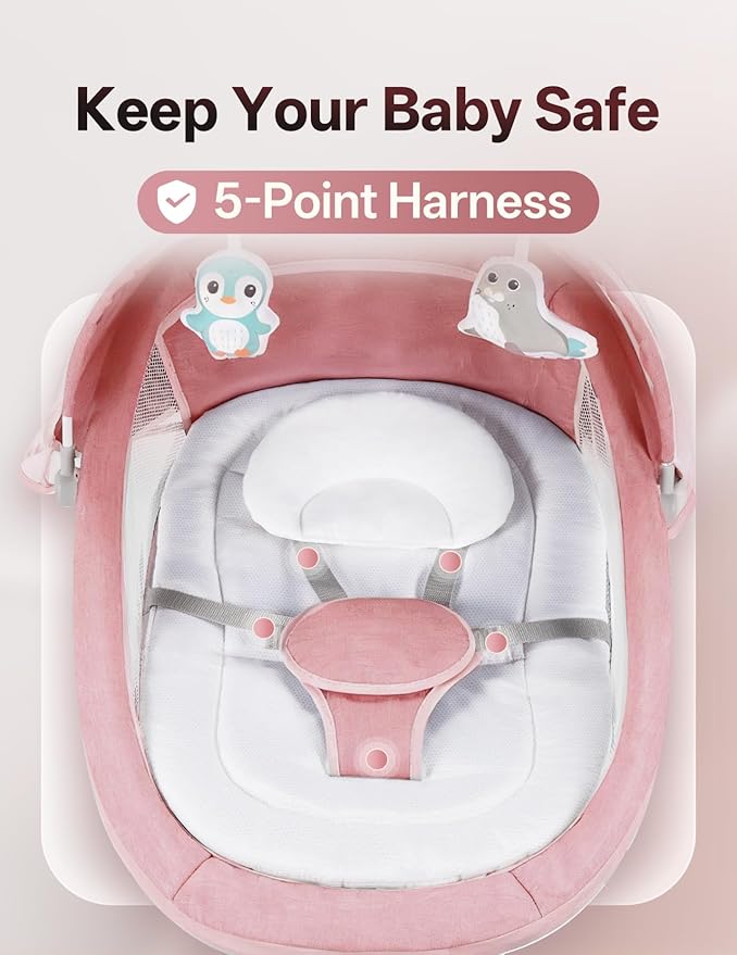 Electric Baby Swing for Infants to Toddler, Portable Swing Baby Rocker with 5 Point Harness, 5 Sway Speed, Bluetooth,12 Preset Lullabies with Remote Control, Infant Swing for Baby Boys & Girls, Pink