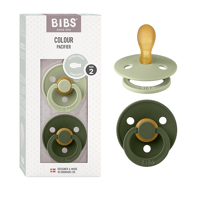 BIBS Pacifiers 6-18 Months | 2-Pack Soothers | Symmetrical Nipple | BPA-Free Natural Rubber | Made in Denmark | Sage/Hunter Green Colour Pacifier