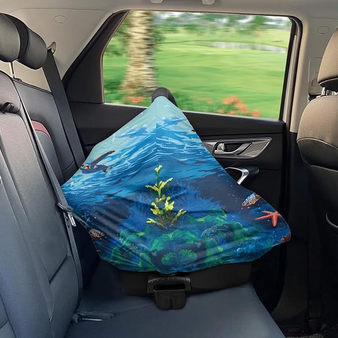 Ocean Car Seat Cover for Babies Sea Turtle Multi-Purpose Soft Rayon Nursing Cover for Breastfeeding,High Stretchy Infant Carseat Canopy Stroller Cover