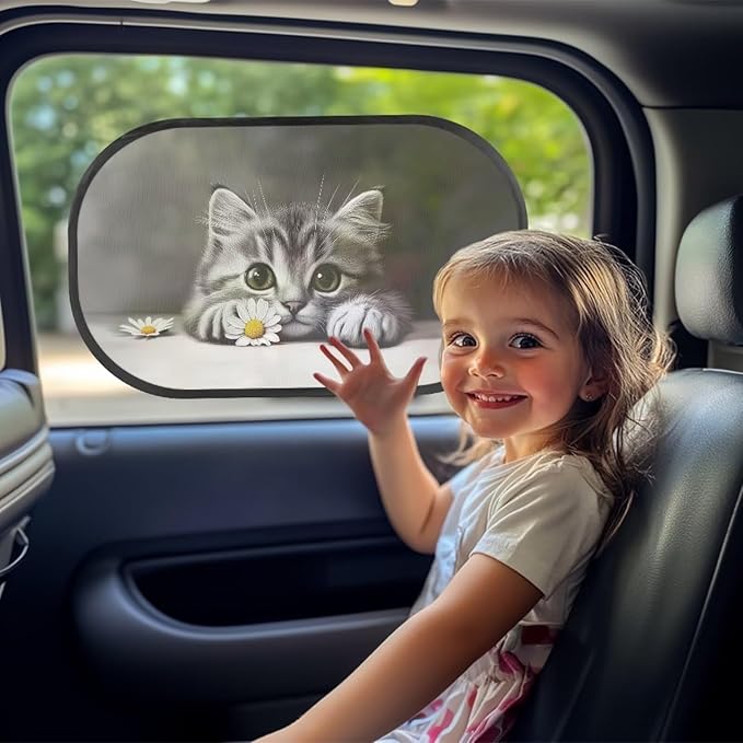Bulopur Cat Kitten Car Sun Shade 2 Pack Window Shade Baby in Car UV Protection Breathable Side Windshield Sunshade Easy to Install Sun Shade Side Window Universal Fit