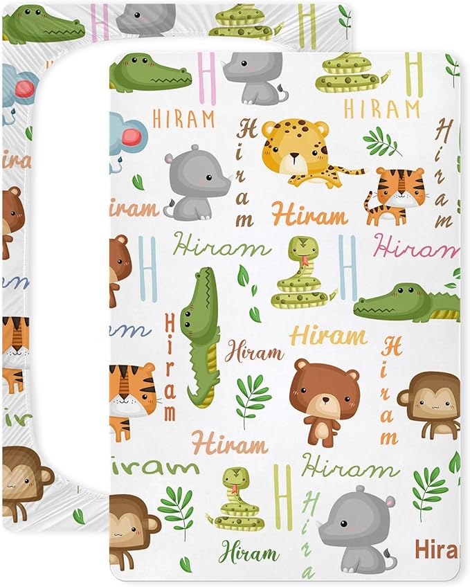 Personalized Mini Crib Fitted Sheet for Baby Boys Girls, Customized Name Multiuse Sheets for Pack & Play, Playard, Playpen, Mini Crib Mattress, Custom Pack and Play Sheets with Name, Cute Animal