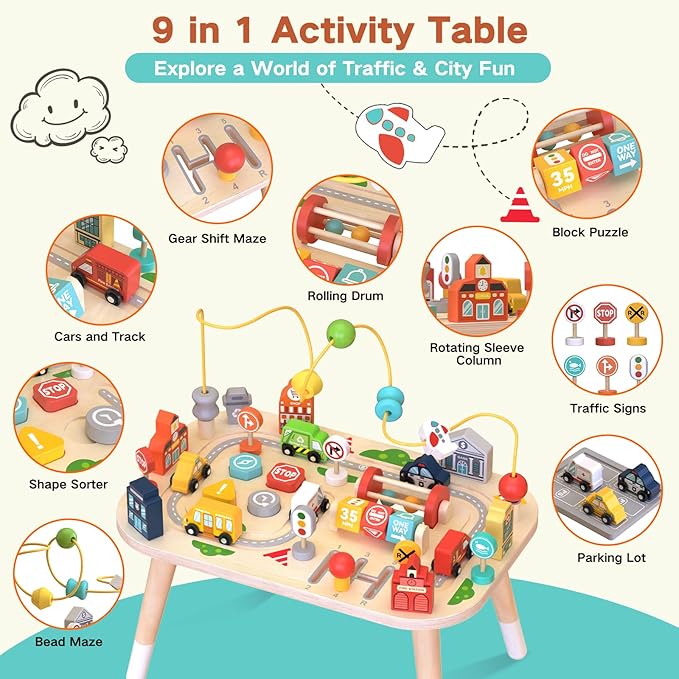Wooden Montessori Activity Table for Toddlers, Baby Busy Table with Bead Maze, Shape Sorter, Cars & Road Signs, Traffic Learning Activity Center Sensory Toys for Birthday Gift Boys Girls 1+ Year Old