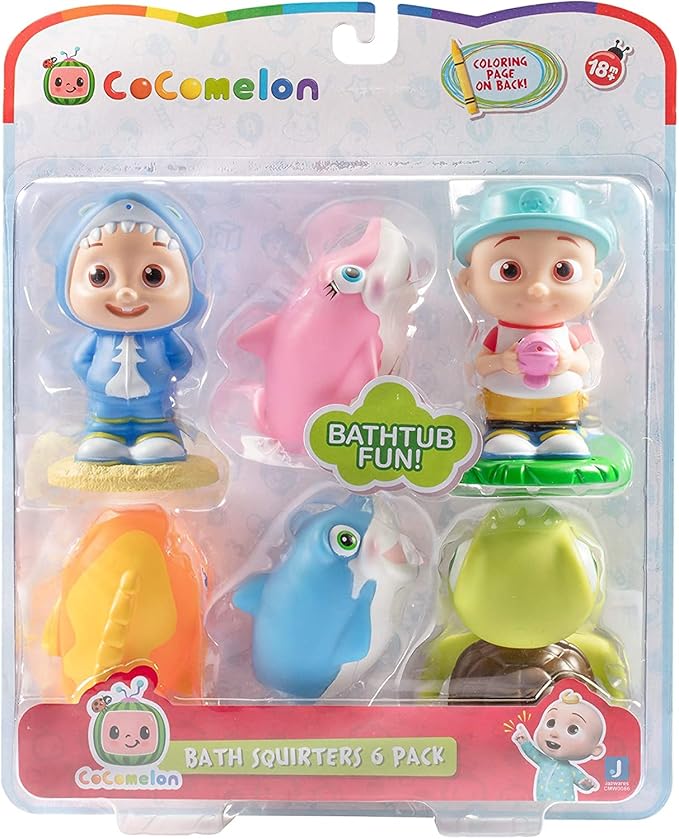 CoComelon Water Squirter Toys for Pool & Bath 6-Pack - Officially Licensed - JJ, Baby Shark, Turtle, Fish Figure Set - Gift for Toddlers, Preschoolers, Kids 18mo+