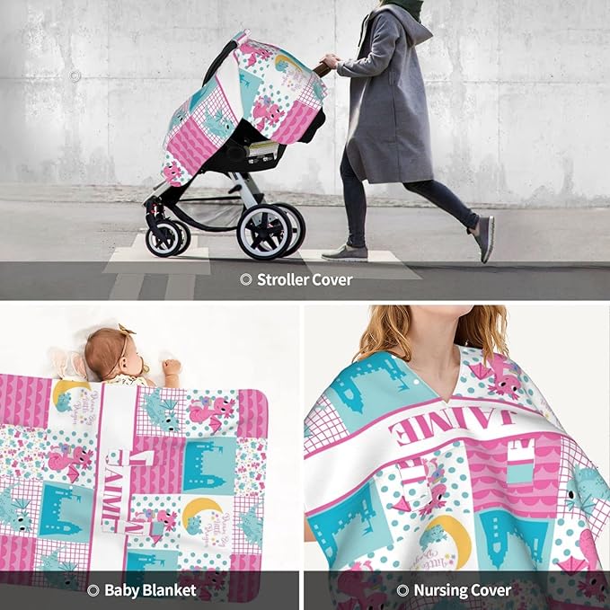 Personalized Baby Car Seat Canopy for Girls, Custom Name Baby Car Seats Covers for Babies, Opening Minky Nursing Breastfeeding Stroller Cover Infant Carseat Canopies for Newborn (Cute Dragon Pink)