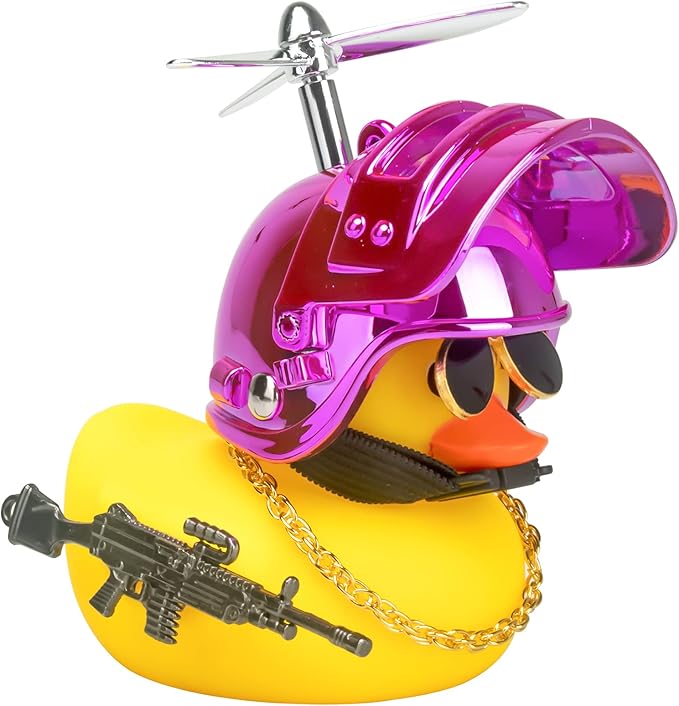 wonuu Rubber Yellow Duck Car Ornaments Cool Duck Car Dashboard Decorations with Propeller Helmet Sunglasses (Colorful Pink-Yellow G)
