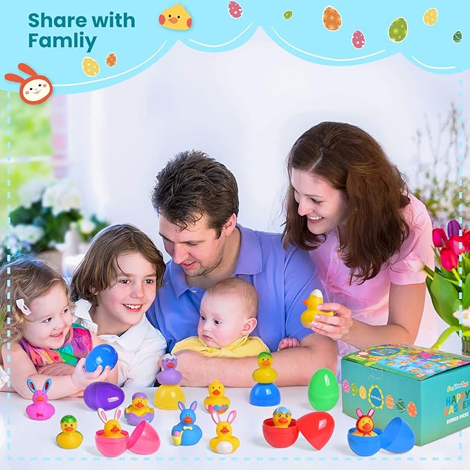 18 Pcs Prefilled Easter Eggs with Rubber Duck Toys for Kids, Bright Colorful Easter Eggs Filled with Assorted Bunny Rabbit Duckies for Fun Bath Toys, Easter Basket Stuffers and Party Favors