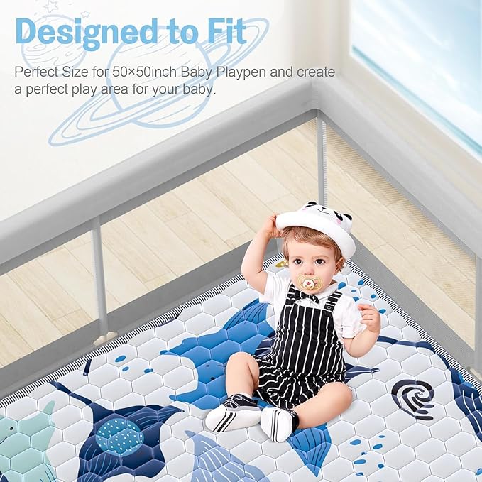 Omzer Baby Play Mat, 50x50 Inch Thick & Soft Cushioned Playmat for Playpen, Non-Slip Floor Mat for Crawling Infants & Toddlers with Safety Silicone Backing, Machine Washable - Blue
