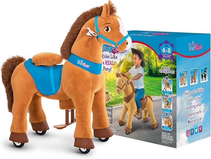 PonyCycle Ride on Horse Toys for Kids Riding Brown Horse Rocking Horse Essential Model E (with Brake/ 35.4" Height/Size 4) Ride-on Pony Giddy up Walking Mechanical Pony Plush Animal with Wheels E437