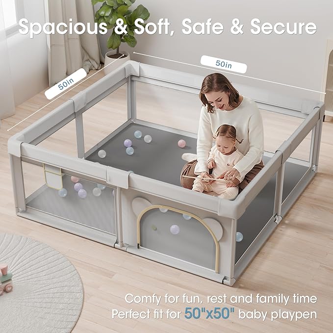 Comehealthy Baby Play Mat for Floor, 50x50 Vegan Leather Playpen Mat, Thickened Foam Cushioned Mat for Infants and Toddlers, Waterproof, Non-Slip & Stylish Playmat for Babies, Easy to Clean, Gray