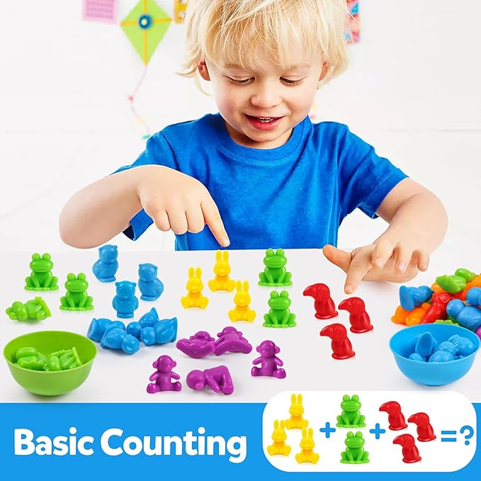 GKDOMS Counting Animals Toys Matching Game with Sorting Bowls Preschool Learning Activities Montessori Sensory Toys for Math Color Sorting, Party Favors Birthday Exchange Gifts for Kids