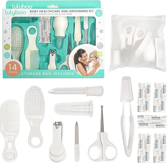 Lulyboo Baby Grooming Kit 14-Piece - Safe, BPA-Free, Certified for Newborns & Toddlers with Comb, Brush, Nail Clippers, Scissors, Nasal Aspirator, Travel Bag - Complete Baby Care Set for Newparents