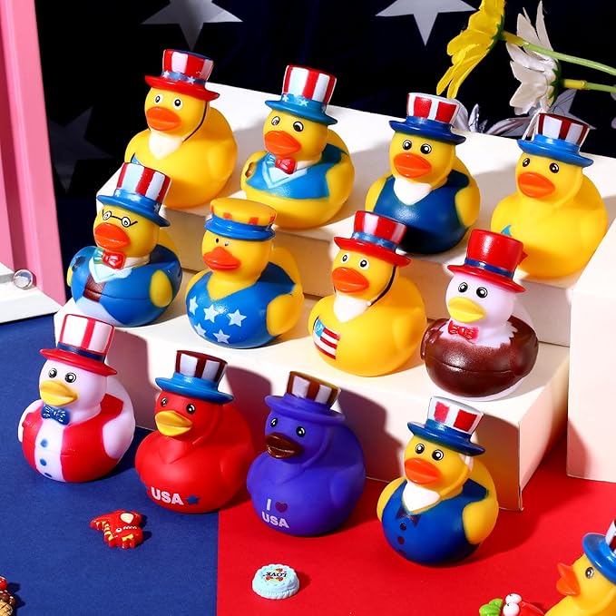 SCIONE 24PCS Patriotic Rubber Ducks, 4th of July Bulk Rubber Ducks for 4th of July Party Favors, Mini Duck for Cruise Ships Baby Showers Bath Toys Kids Party Favors Birthday Gifts