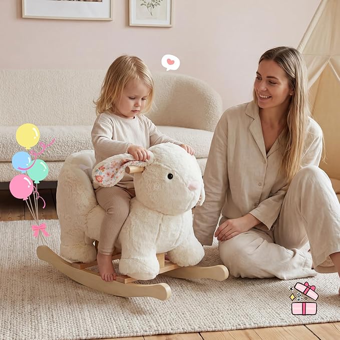 labebe Baby Rocking Horse, Plush Rabbit Animal Rocker, Wooden Rocking Horse with Seat Belt, Kid Ride On Toy for 12M+ Baby Girls, Nursery Birthday