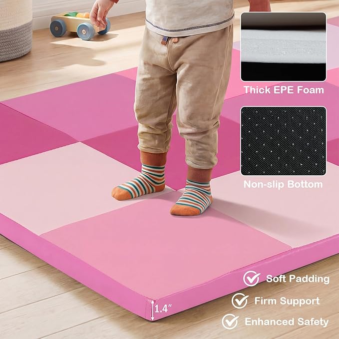 Costzon Toddler Foam Play Mat, Foldable Pink Baby Crawling Mats 58-Inch Square Soft Non Skid Daycare Floor Mat, Thicken Waterproof Memory Activity Play Mat for Home, School, Kindergarten or Nursery