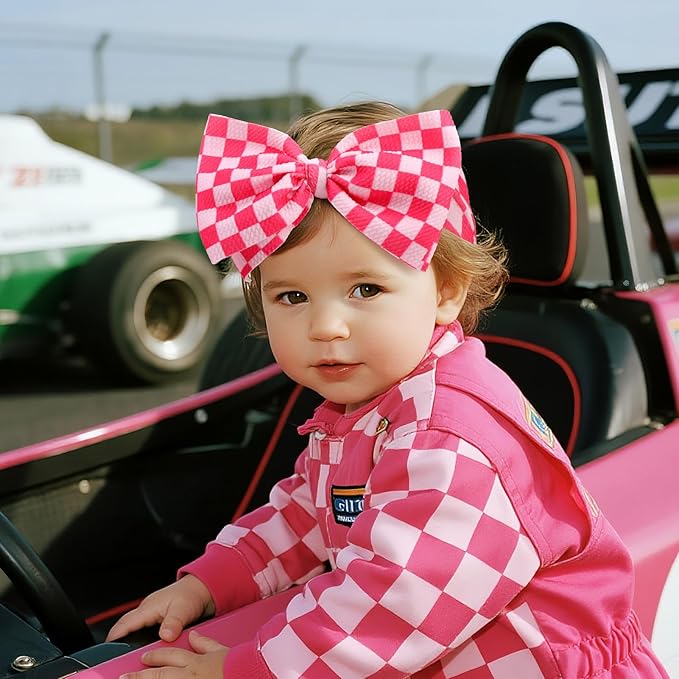 YanJie 7’’ Hot Pink Checkered Bow for Baby Girl Racing Bows Plaid Headbands for Newborns Infants Toddlers Two Fast Birthday Girls Hair Accessories