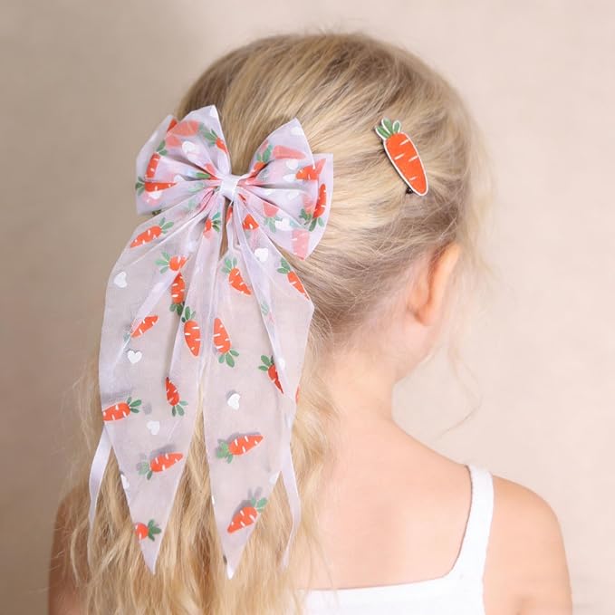 Easter Hair Bow for Girls - Large Tulle Carrot Bow Hair Clip with Long Tail, Cute Carrot Hair Accessory Alligator Clip for Women Toddlers, Easter Spring Party Barrette Hair Decoration