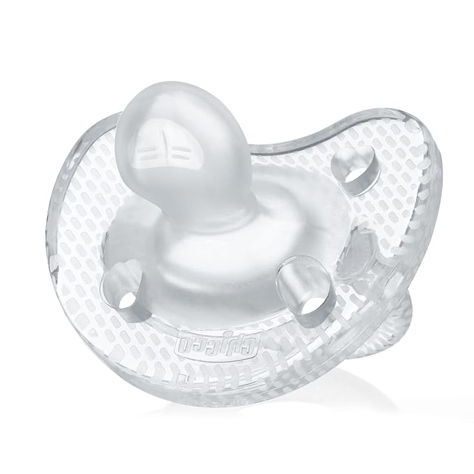 Chicco PhysioForma Luxe Orthodontic Pacifier for Babies 6-16 Months, One-Piece 100% Soft Silicone, Supports Breathing, Textured Shield & Handle, Sterilizing Case, BPA Free, 2-Pack, Crystal