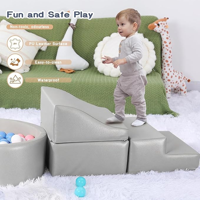 Hoohtoot Foam Climbing Blocks for Toddler: with 4-Piece PU Leather Climbing Toys and a Ball Pit - Foam Ball Pit for Toddlers - Climbing Toys Indoor for Kids Crawling