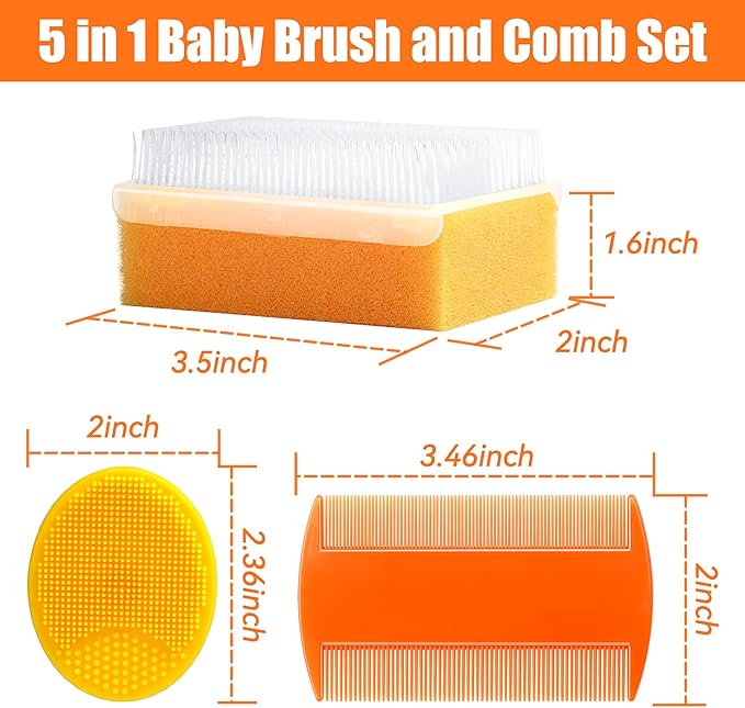 Cradle Cap Brush for Babies, 5Pcs Cradle Cap Treatment Set with Soft Bristle Brushes Silicone Scrubber Fine-Tooth Comb for Newborn Bathing Essentials Baby Brush and Comb Set (Orange)