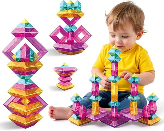 48 PCS Building Blocks Set for Kids, Pyramid Stacking Blocks with Storage Bag - STEM Preschool Learning Stacking Toys, Light Table Compatible Translucent Sensory Blocks for Toddlers Ages 3 4 5 6