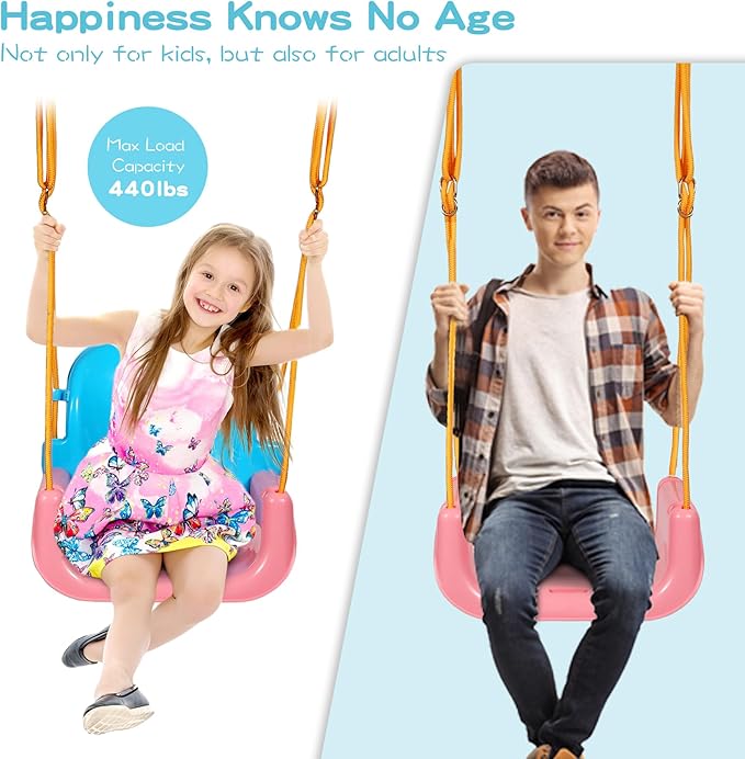 RedSwing 3-in-1 Baby Swing Seat, Toddler Swings, Anti-Flip Snug & Secure Detachable Infants to Teens Kids Swing Seat for Outside Playground, Pink Orange Blue