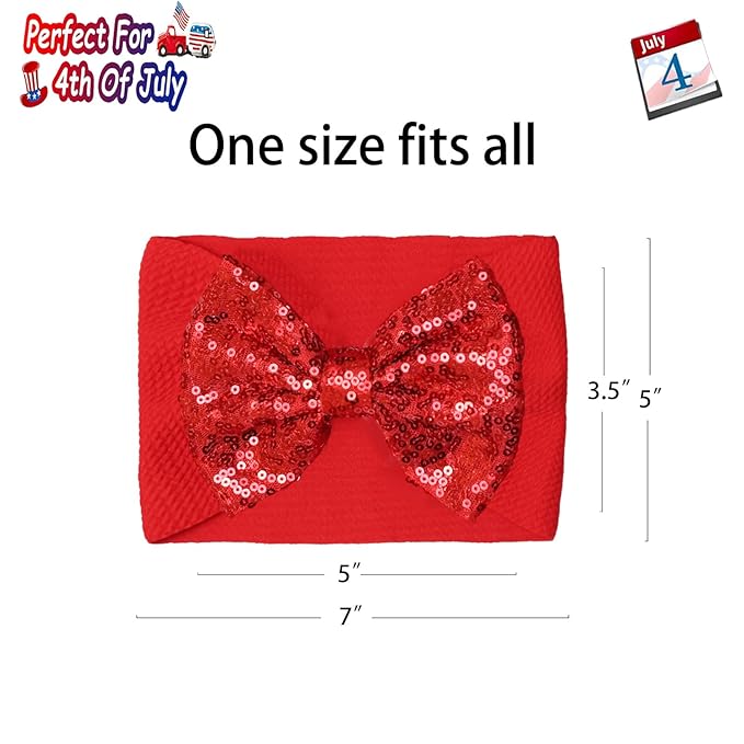 4th of July Baby Girl Accessories - Red Sequin Bow Headband, Blue Elastic Wide Hairbands for Newborns, Toddlers, Infants Gift