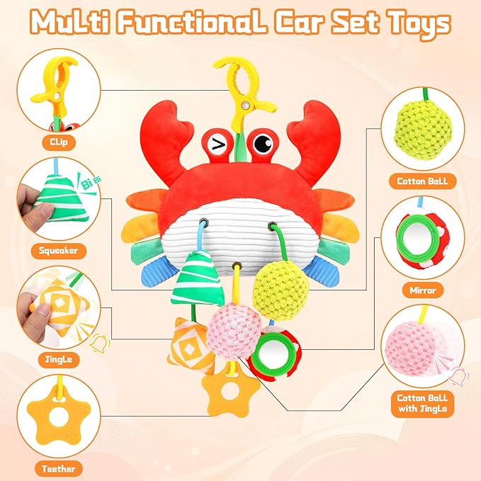 Car Seat Toys for Babies 0-6 Months, Baby Hanging Toys for Car Seat, Stroller, Crib, Gym with Pulling Cords, Rattle, Mirror, Stroller Toys for Baby Infant Newborn Toddler Boy Girl Easter Gifts