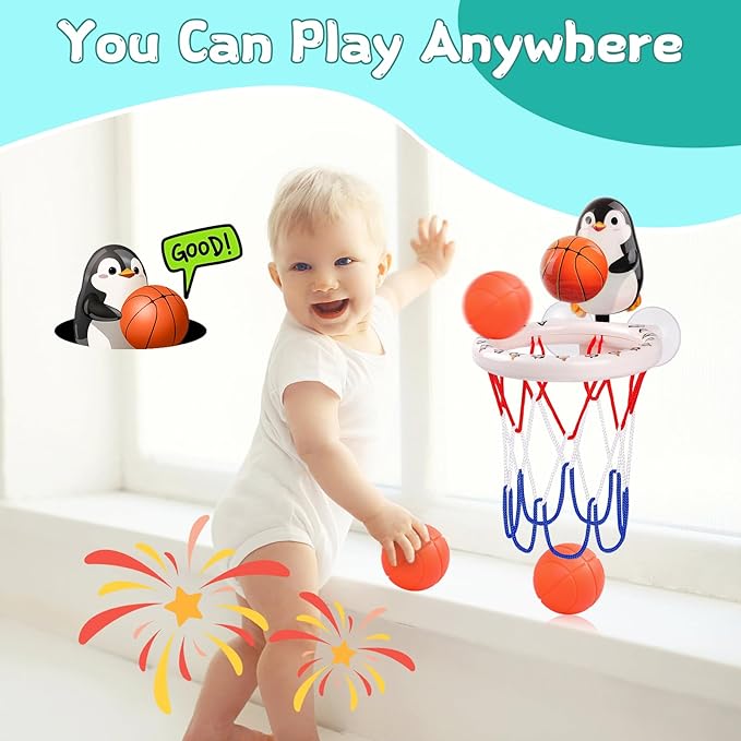 Bath Toys, Bathtub Basketball Hoop for Toddler Kids, 3 Soft No Hole Balls & Bath Basketball Hoop with Strong Suction Cup, Black & White Penguin Baby Shower Bath Toys Set for Boys and Girls