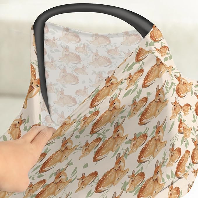 Vintage Deer Green Leaves Car Seat Cover for Babies Retro Deer Boho Leaves Stretchy 5-in-1 Cover Adjustable Infant Carseat Cover Canopy Spring Animal Breathable Nursing Cover-Up
