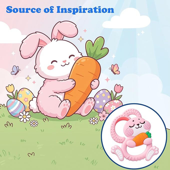 Easter Baby Teething Toys for 3+ Months, Silicone Bunny Rabbit Teether for Babies 3 6 9 12 Months, Teething Relief, Easter Basket Stuffer Essential, Pink Sensory Toy Gifts Girls