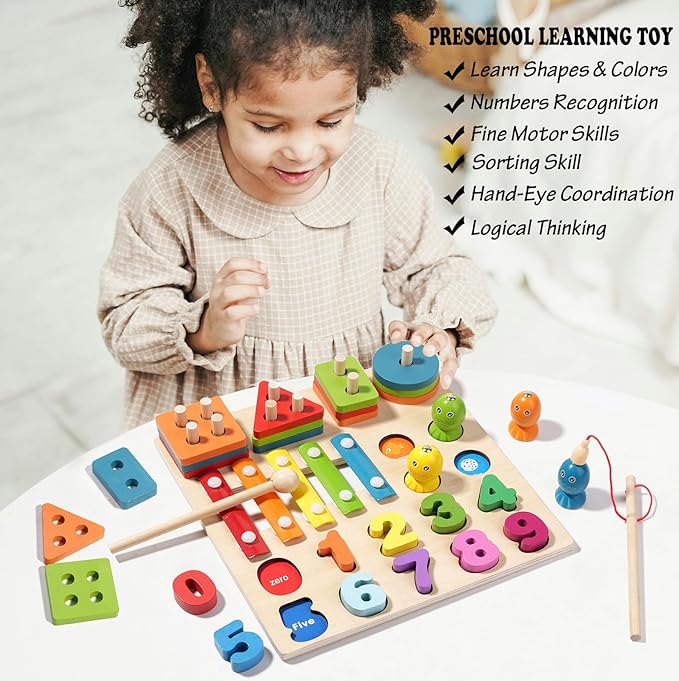 4-in-1 Wooden Activity Board for Toddlers Kids - Montessori Learning Toy with Magnetic Fishing, Number Blocks Puzzles, Shape Sorter & Xylophone - Educational Gift