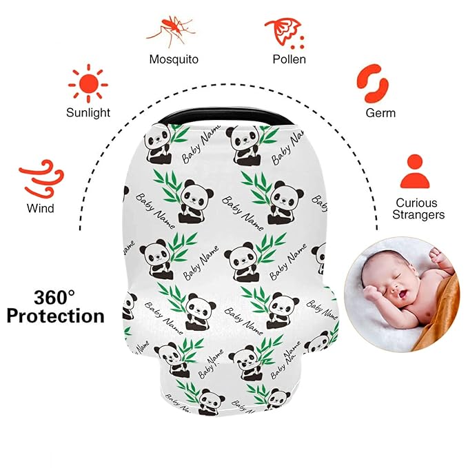 Personalized Cute Panda Baby Car Seat Covers with Name, Custom Nursing Cover Breastfeeding Scarf Soft Breathable Stretchy Coverage, Infant Stroller Cover for Boys Girls