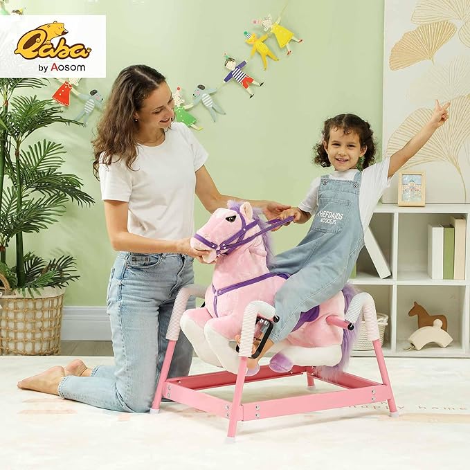 Qaba Spring Rocking Horse, Kids Ride on Horse, Plush Horse Ride-on with Sounds & Foot Stirrups, Saddle for Kids 3-8 Years, Pink