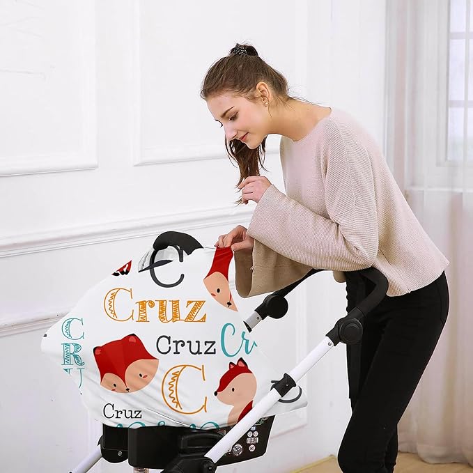 Personalised 7 in 1 Car Seat Cover for Girls and Boys - Multipurpose Breast Feeding Red Fox Print Cover, Nursing Cover, Grocery Cart Cover and High Chair Cover - Birthday Gift for Babies(27"x29")
