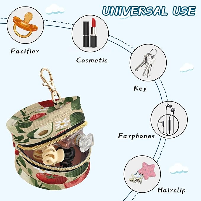 Pacifier Holder with Clip Pacifier Case for Diaper Bag Round Baby Pacifier Pouch Box Bag Portable Avocados Tomatoes Floral Leaves Beige