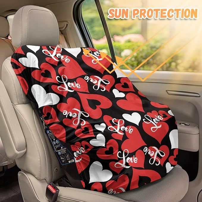 Valentines Day Car Accessories Car Seat Cover Baby Car Seat Sun Shade Cover with Red Heart Print, Tear-Resistant Baby Seat Covers Keep Baby Cool and Child Safety for Travel, Easy to Install