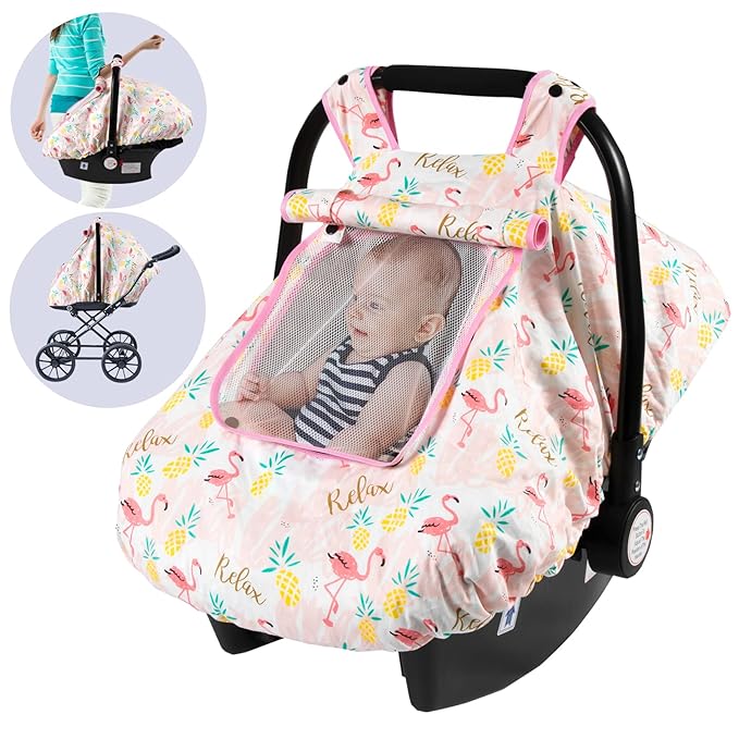 SMTTW Baby Car Seat Cover - Universal Fit, Snug, Breathable, Canopy for Boys/Girls, Ideal for All Seasons (Flamingo)