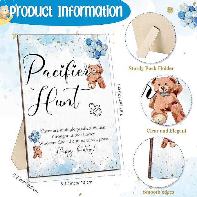 Roowest 51 Pcs Pacifier Hunt BabyShower Games Include Wooden Hunt Sign and 50 Acrylic Mini Plastic Pacifiers for BabyShower Game Decoration Gift Sets Gender Reveal Party(Bear,Blue)