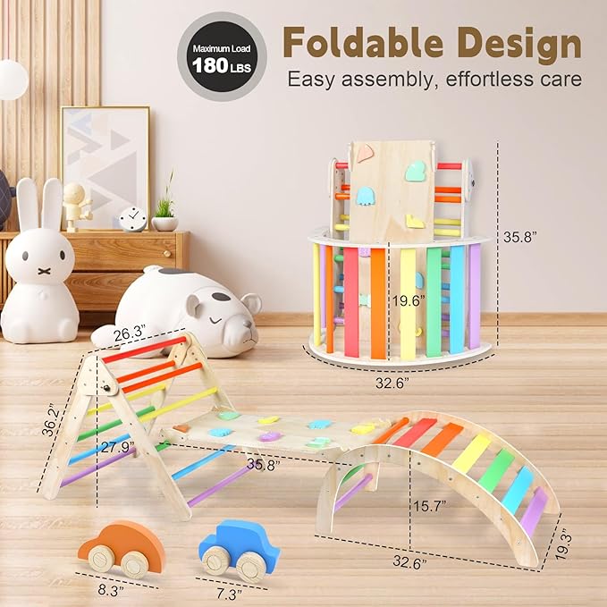 Triangle Climbing Set, 7 in 1 Wooden Climbing Toys for Toddler 18 Months-3 Years Inside, Foldable Colorful Montessori Jungle Gym, Pikler Triangle Toddler Indoor Playground with Cars Arch Ramp Ladder
