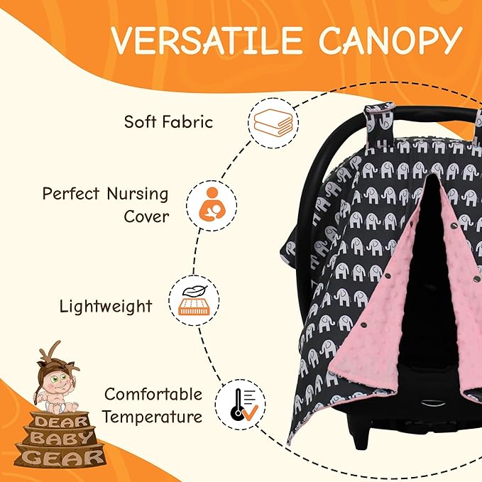 Dear Baby Gear Car Seat Canopy - Infant Car Seat Cover for Maximum Protection and Style - Soft and Breathable - Carseat Canopies for Boys and Girls - Elephants on Gray/Pink Dot - 40"x30"